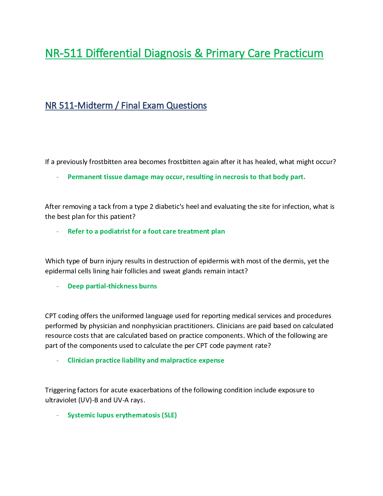 Preview of NR511 / NR 511 Midterm / Final Exam Q & A  : Differential Diagnosis & Primary Care Practic